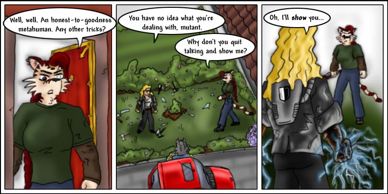 escher and doomshield face off on the lawn
