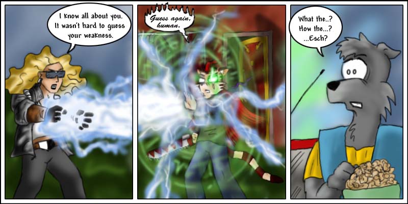 Doomshield throws lightning. Escher blocks it.