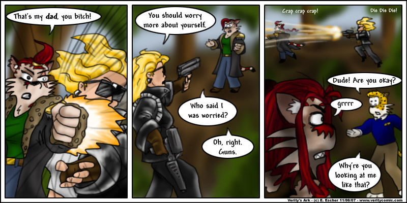 escher punches doomshield. Doomshield has guns