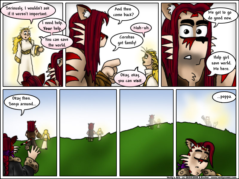 Verity leads corobas away. Escher is sad.