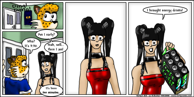 Eustace arrives early, and brings Powerthirst energy drinks