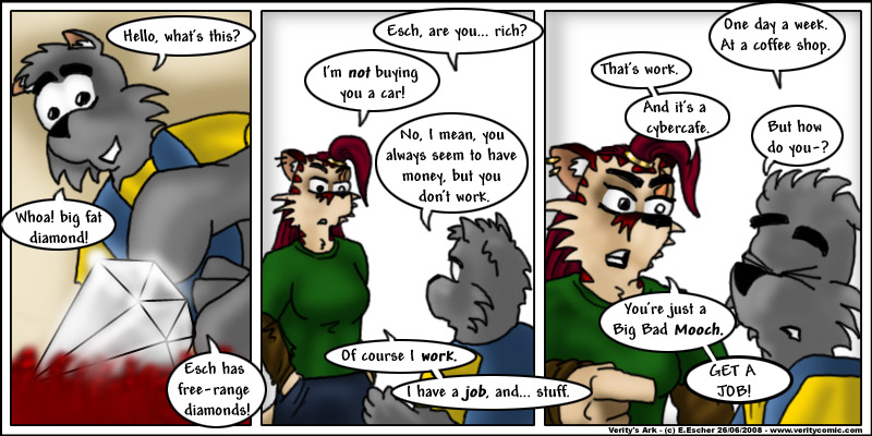 Isegrim finds a diamond, and escher demands he get a job