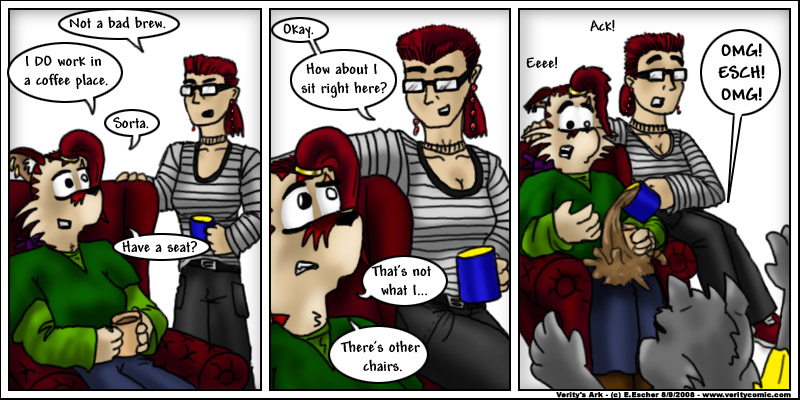 Isegrim surprises the girls, and ruby tips coffee in escher's lap