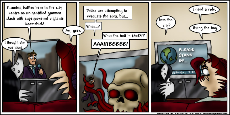 Escher and Mara watch the news on TV