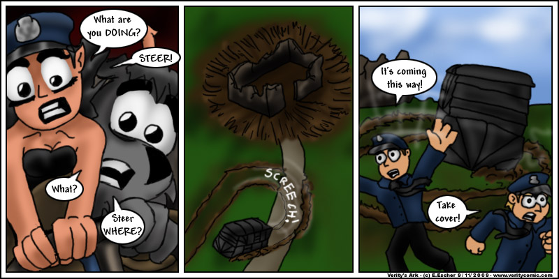 Miki and Isegrim struggle for control of the wheel.