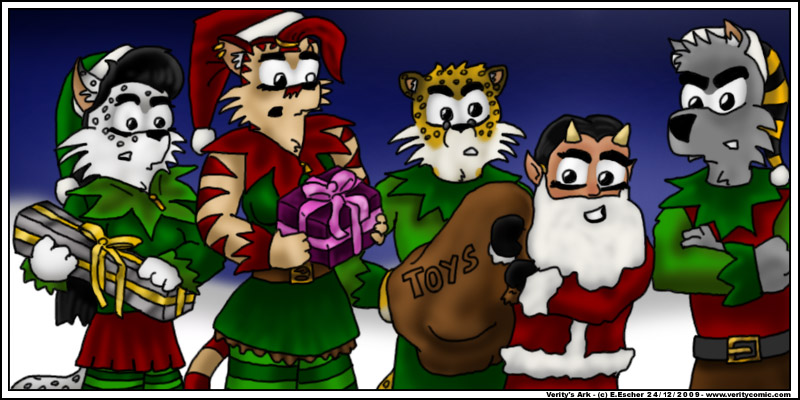 Miki tricks the elves by dressing as santa