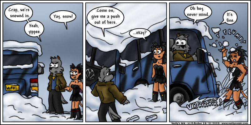 Isegrim sprays Miki with wet slush.