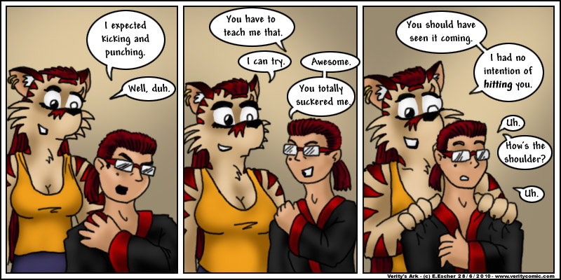 Escher gives Ruby a shoulder massage