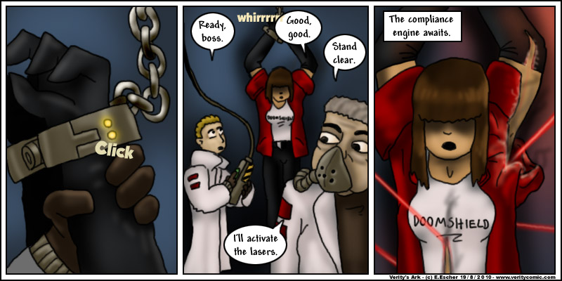 Doomshield is hoisted by chains and stripped. With lasers!