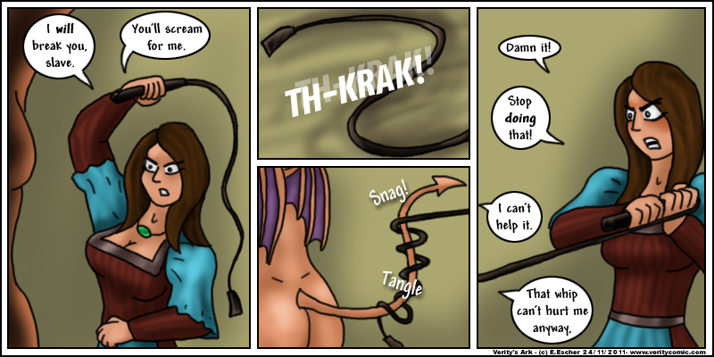 Rodia has no luck whipping Miki the Imp