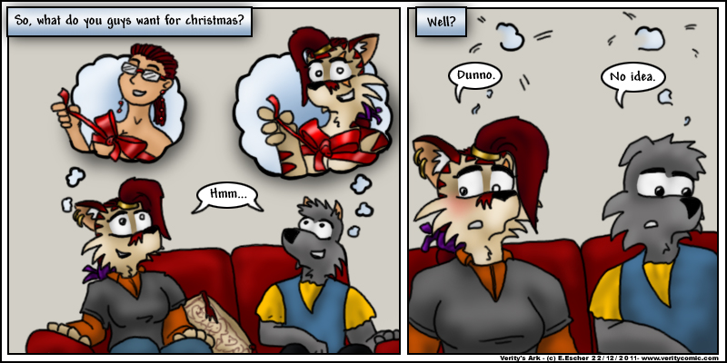 Escher and Isegrim wolf consider christmas gifts