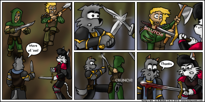 Isegrim and Mara fights bandits in the forest