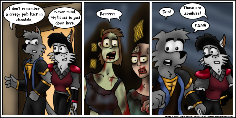 Isegrim and Mara run away from zombies