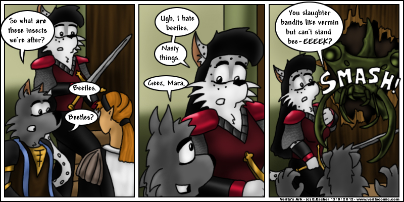 A giant beetle attacks Isegrim and Mara