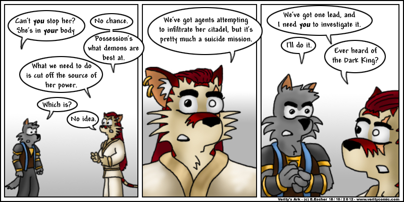 Escher enlists Isegrim's help to defeat the demon