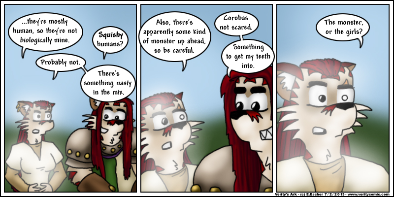 Escher warns Corobas about a monster in the next city