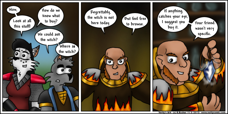 The fire mage has some buying advice for our heroes.