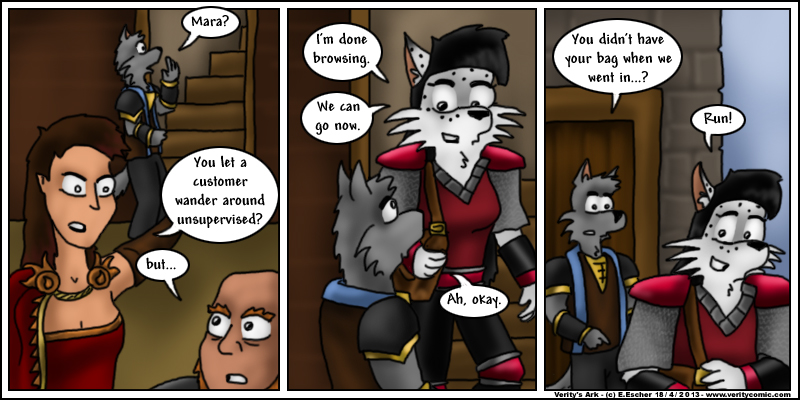 Mara and Isegrim leave the store in a hurry
